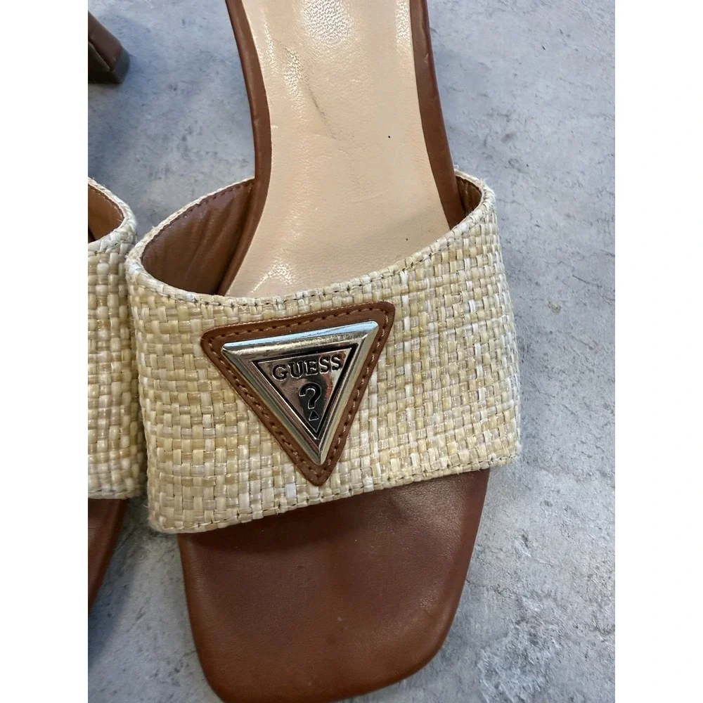 GUESS Women's Beige/Brown Raffia Logo Slide Sandals Slip-On Open Toe US 5M